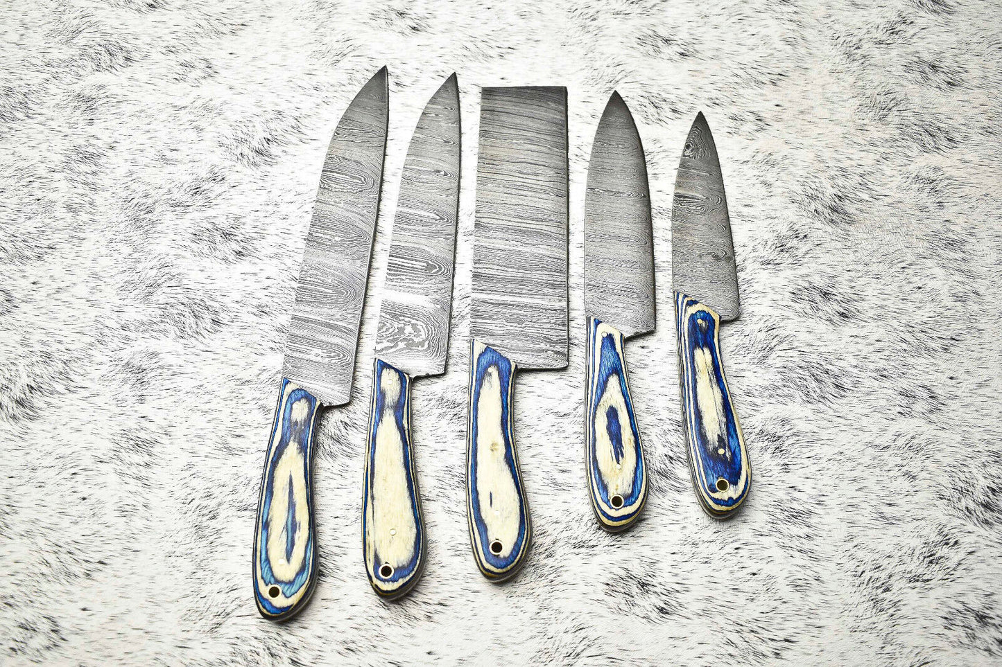Lot of 5 Handmade Hammered Damascus Steel Full Tang Chef Knives | Hard Wood Handles