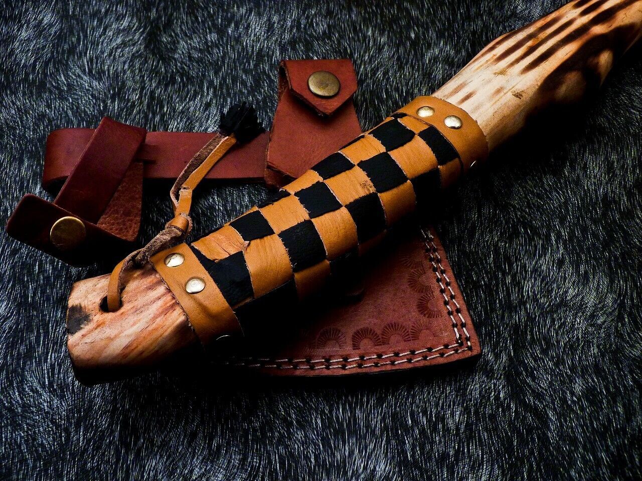 14 Inch Hand Forged Carbon Steel Viking Tactical Bearded Axe with Natural Wood Handle and Leather Sheath