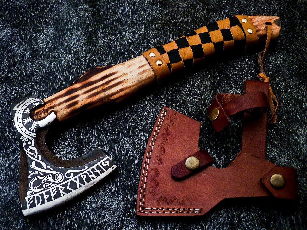 14 Inch Hand Forged Carbon Steel Viking Tactical Bearded Axe with Natural Wood Handle and Leather Sheath