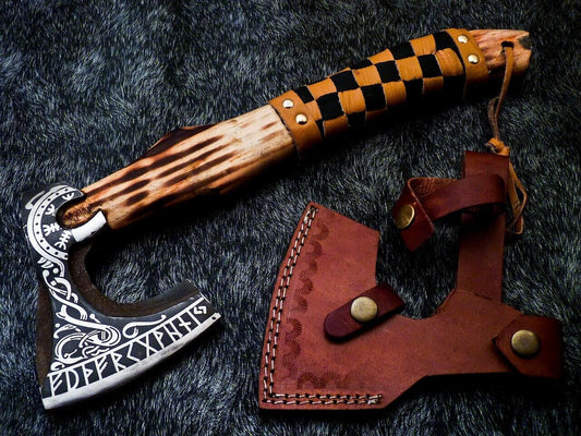 14 Inch Hand Forged Carbon Steel Viking Tactical Bearded Axe with Natural Wood Handle and Leather Sheath