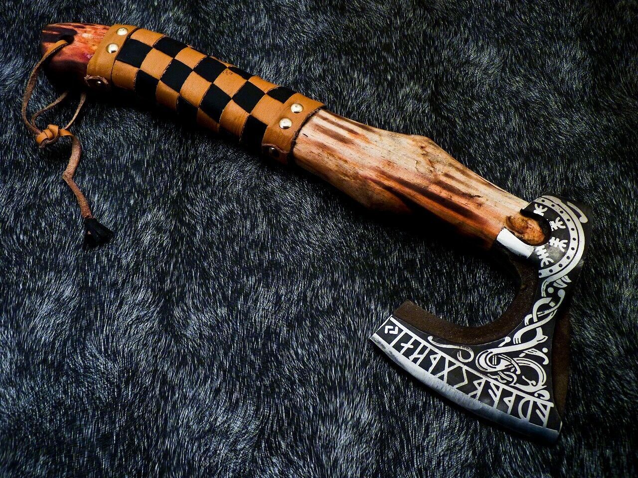 14 Inch Hand Forged Carbon Steel Viking Tactical Bearded Axe with Natural Wood Handle and Leather Sheath