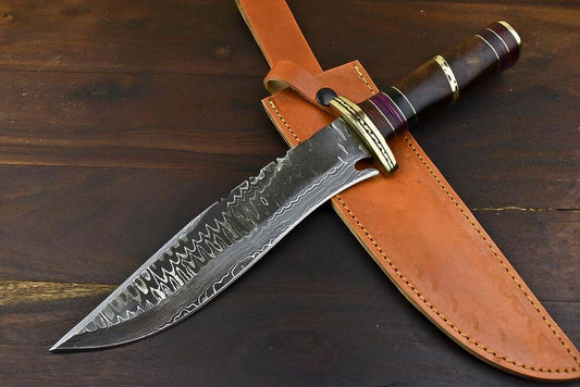 13.5 Inch Handmade Damascus Bowie Knife Damascus Steel Knife with Walnut Wood Handle