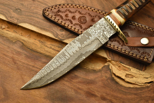 Razor Sharp Damascus Steel Bowie Knife with Camel Bone Handle and Brass Guard
