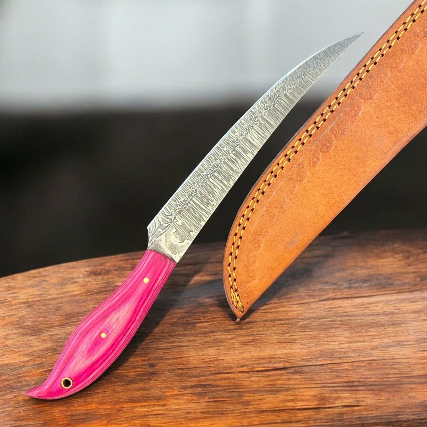 12” Handmade Damascus Fillet Knife with Wooden Handle for Kitchen Use W/Sheath