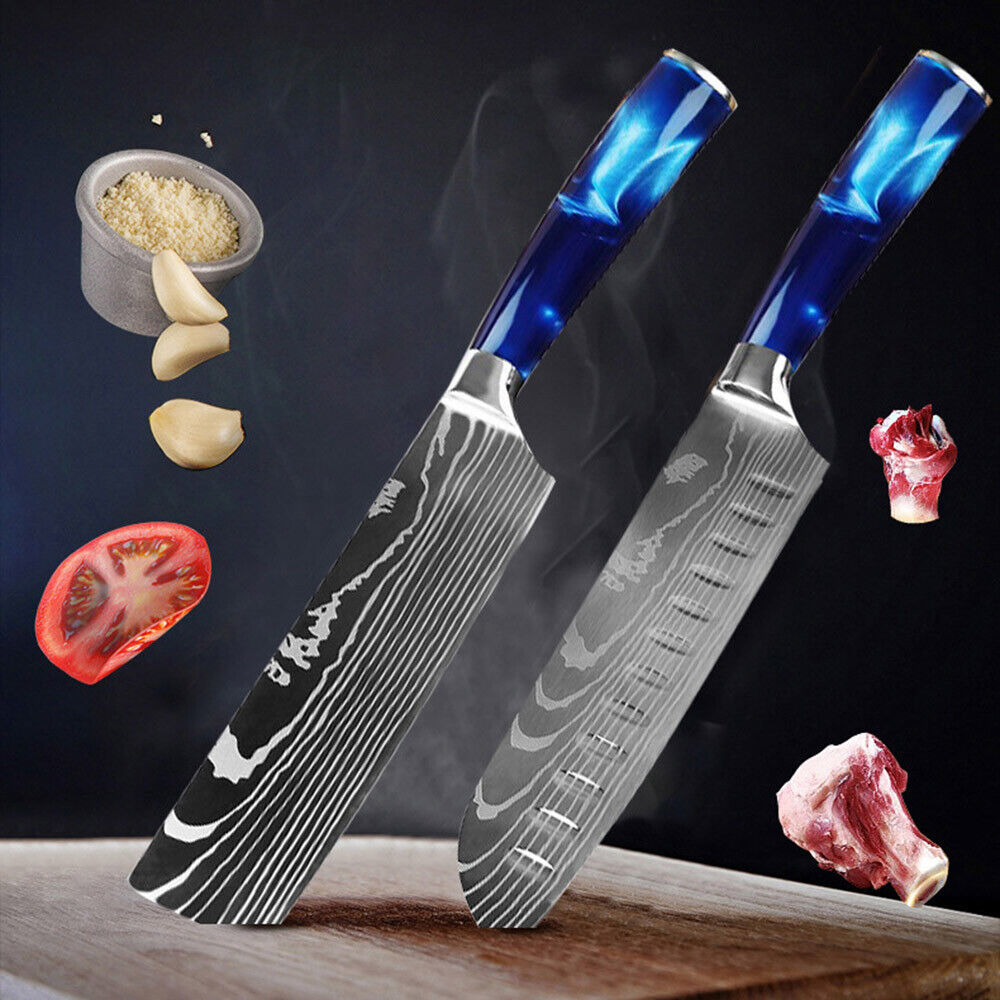 Blue 5PC Japanese Kitchen Knives Laser Damascus Pattern Chef Knife Set with Scabbards