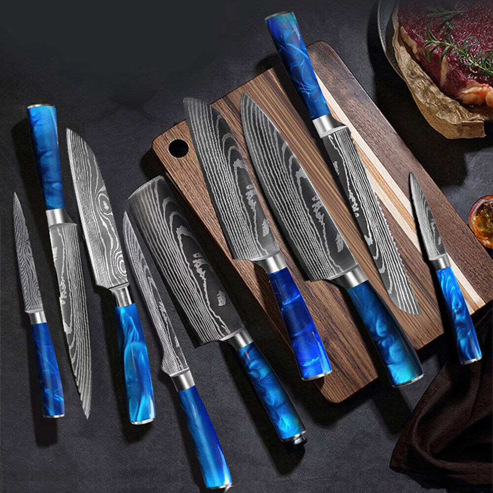 Blue 5PC Japanese Kitchen Knives Laser Damascus Pattern Chef Knife Set with Scabbards