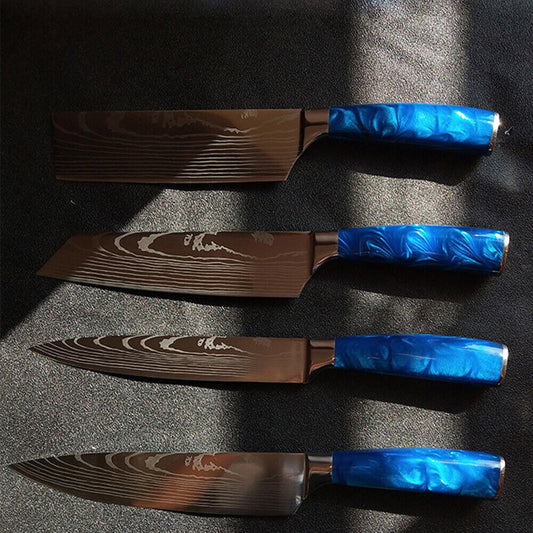 Blue 5PC Japanese Kitchen Knives Laser Damascus Pattern Chef Knife Set with Scabbards