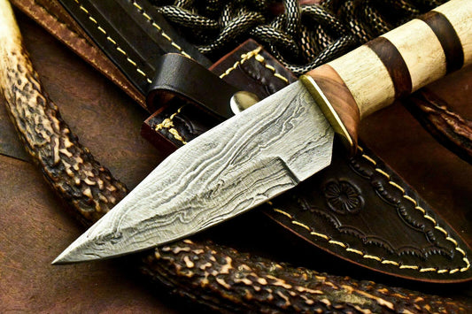 Rare Handmade Damascus Steel Bowie Hunting Knife | Camel Bone Handle