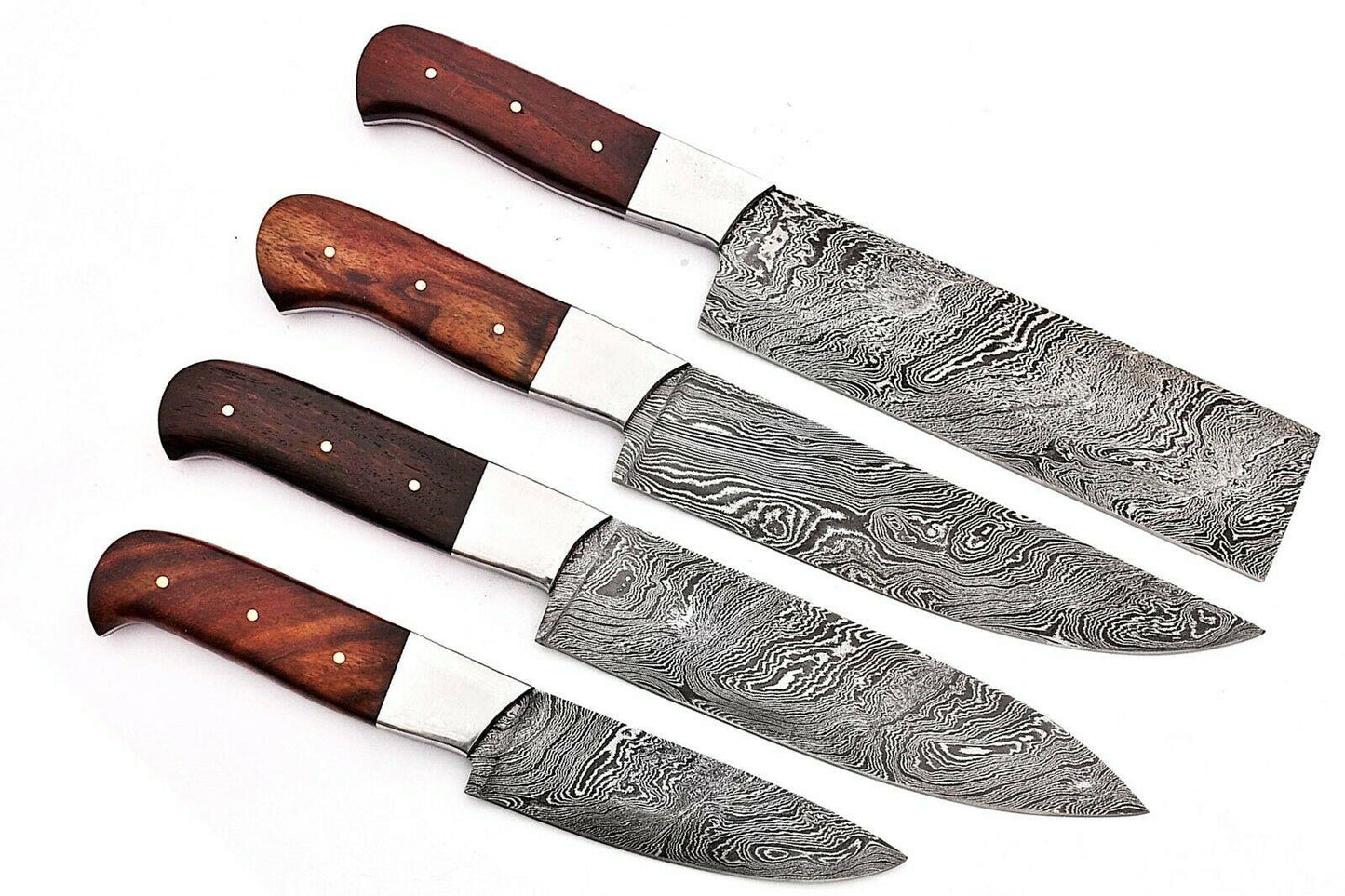4-Piece Handmade Damascus Chef Knife Set – BBQ & Kitchen Knives with Rosewood Handle and Leather Sheath