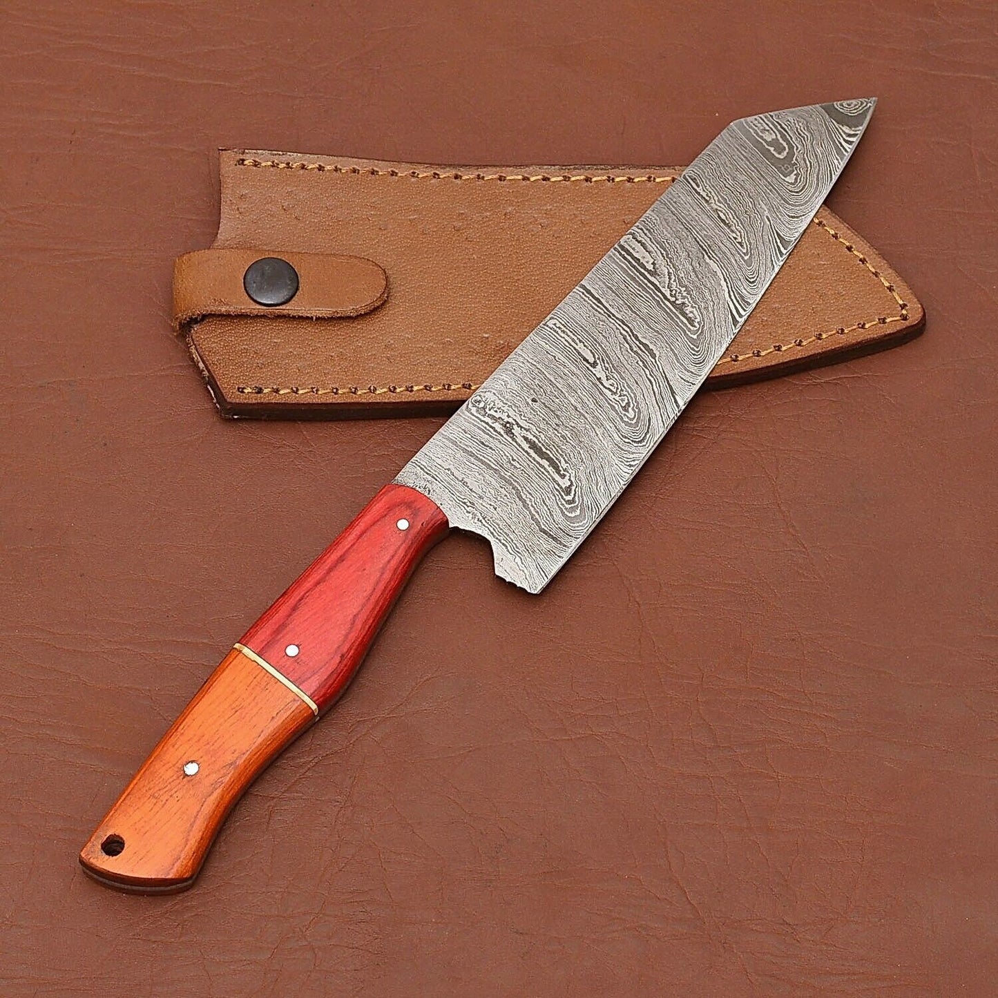 Chef Knife | 12" Kitchen Knife with Wood Handle & Leather Sheath