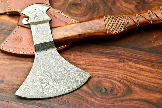 Handmade Damascus Steel Viking Tomahawk Axe with 18" Handle and Leather Sheath