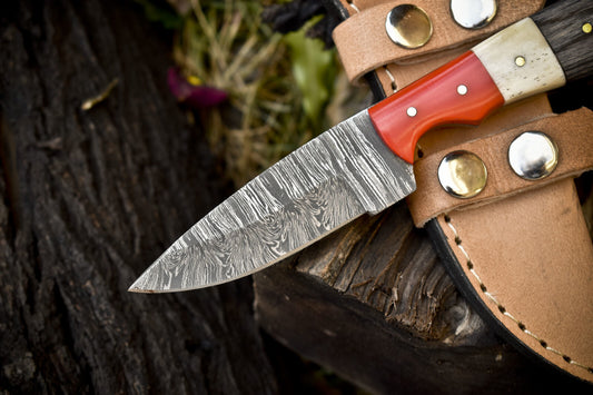 8.0" Twist Damascus Skinner Knife Bone and Wood Handle Fishing Knife