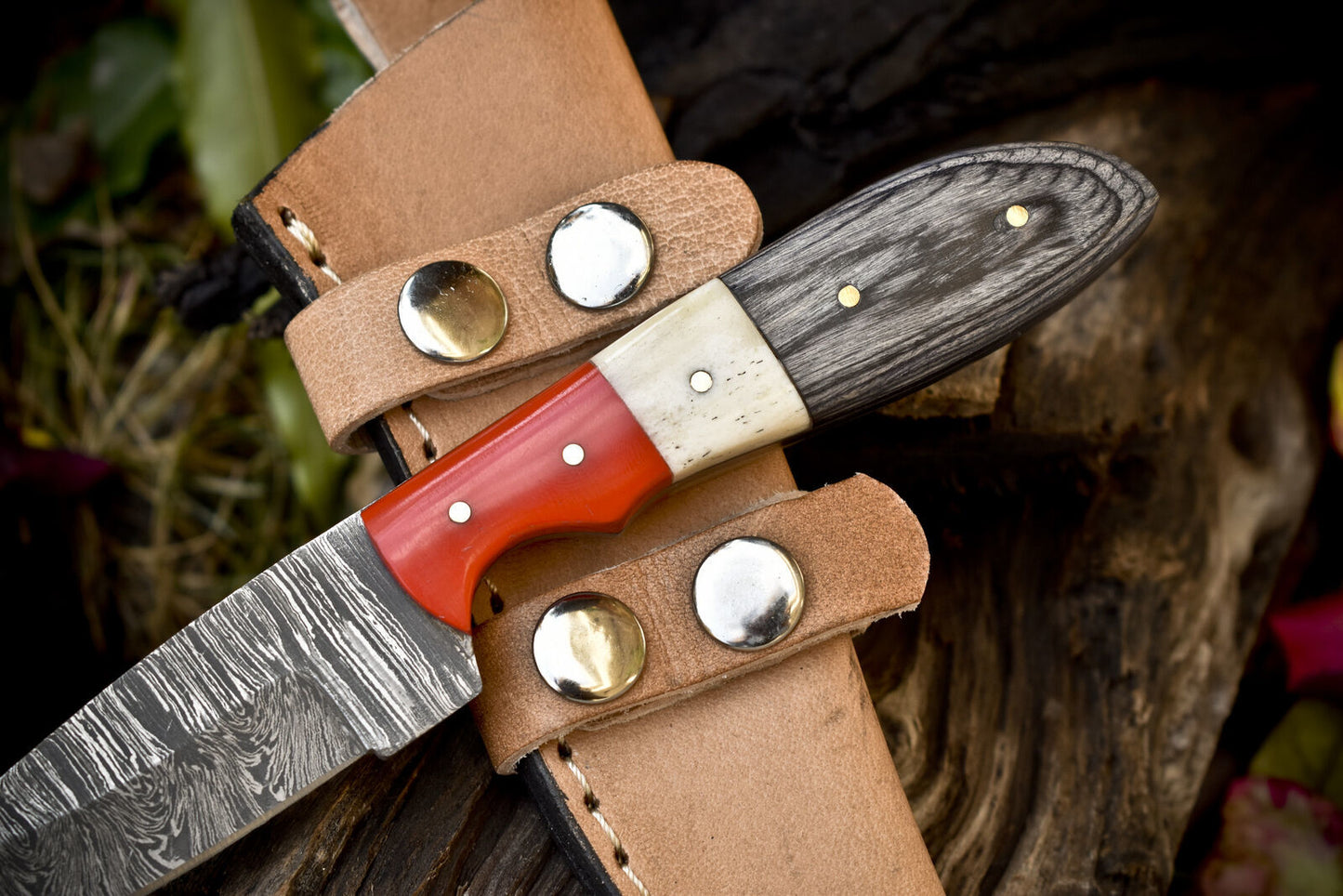 8.0" Twist Damascus Skinner Knife Bone and Wood Handle Fishing Knife