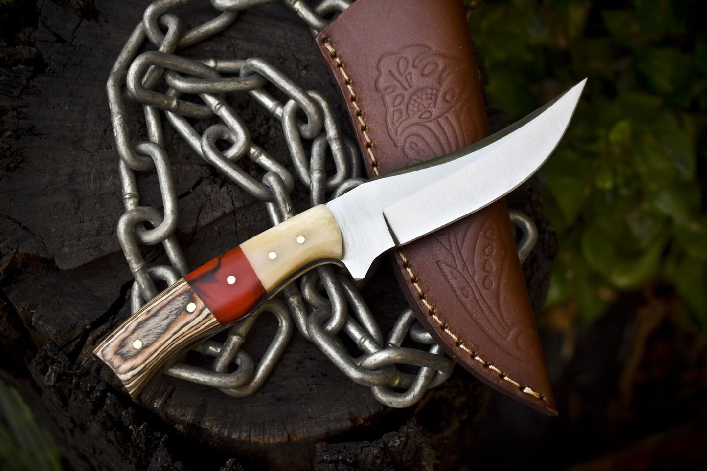 8" Handmade AUS-8 Steel Skinner Knife – Mixed Material Handle with Leather Sheath