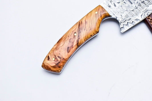 Entire World Handmade Damascus Steel Chef Knife with Olive Wood Handle & Leather Sheath