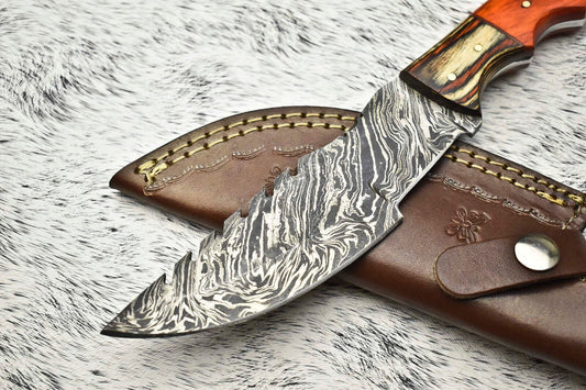 Custom Handmade Damascus Steel Blade Tracker Knife | Hard Wood & Camel Bone