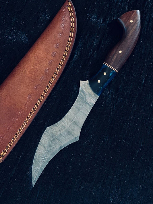 Heritage Forge 10.5 Inch Fire Damascus Steel Skinner Hunting Knife with Camel Bone and Natural Wood Handle