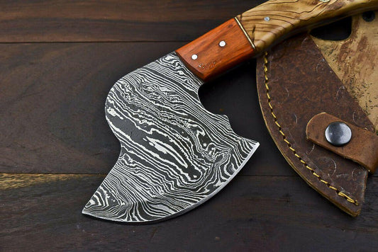Rare Handmade Damascus Steel Olive Wood Clever Chopper Axe Knife with Leather Sheath