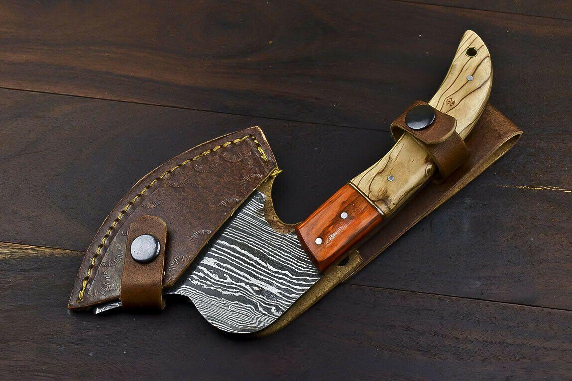 Rare Handmade Damascus Steel Olive Wood Hunting Clever Chopper Axe Knife with Leather Sheath