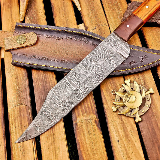 12 Inch Custom Handmade Damascus Steel Bowie Knife with Wood Handle and Brass Pins