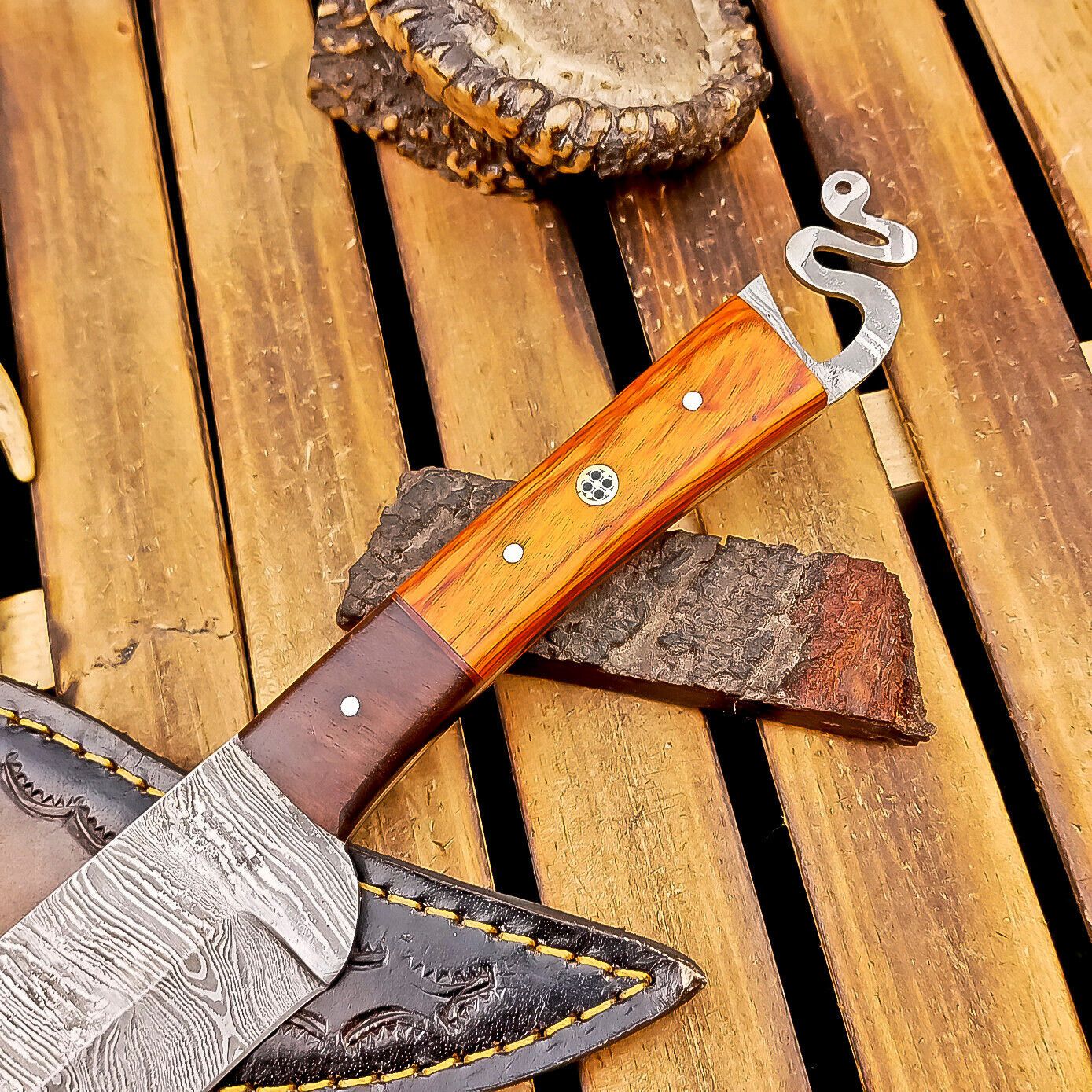 12 Inch Custom Handmade Damascus Steel Bowie Knife with Wood Handle and Brass Pins