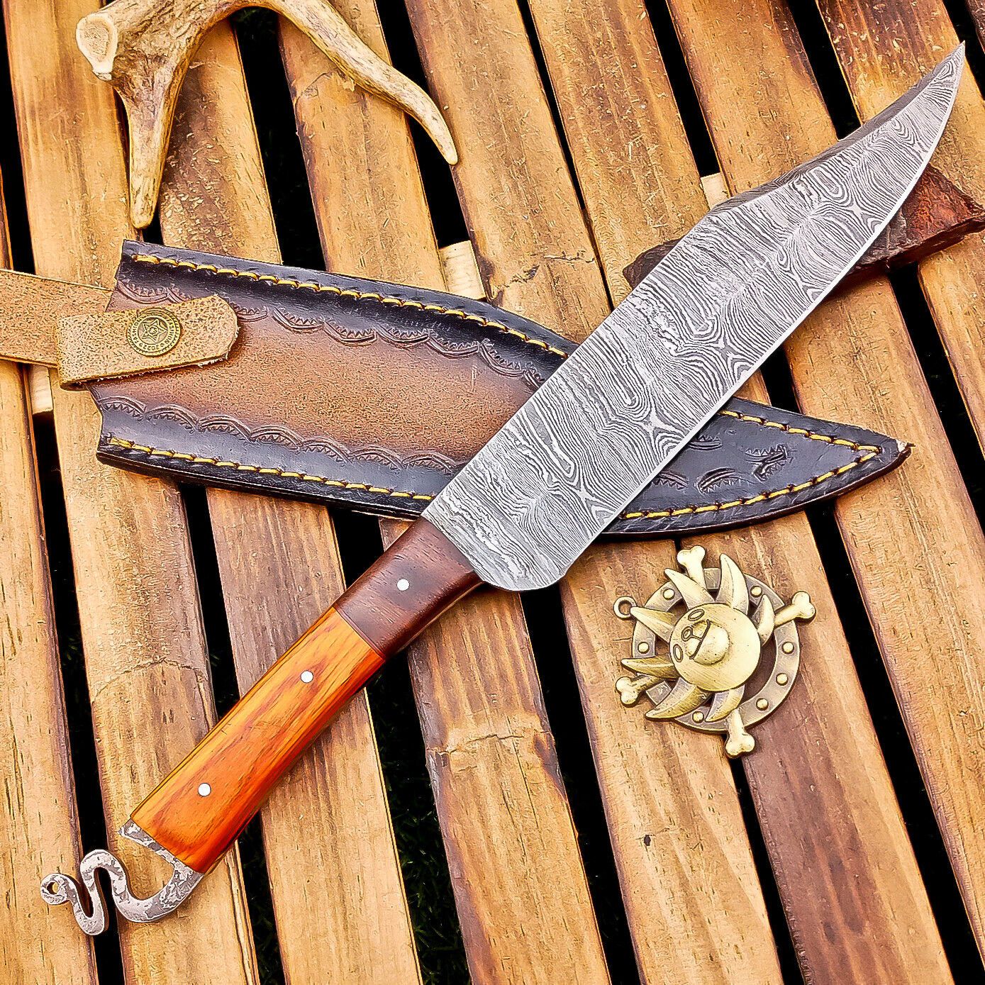 12 Inch Custom Handmade Damascus Steel Bowie Knife with Wood Handle and Brass Pins