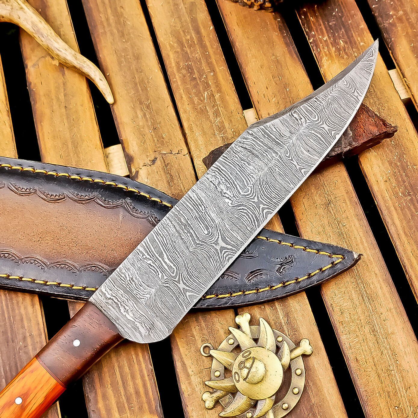 12 Inch Custom Handmade Damascus Steel Bowie Knife with Wood Handle and Brass Pins