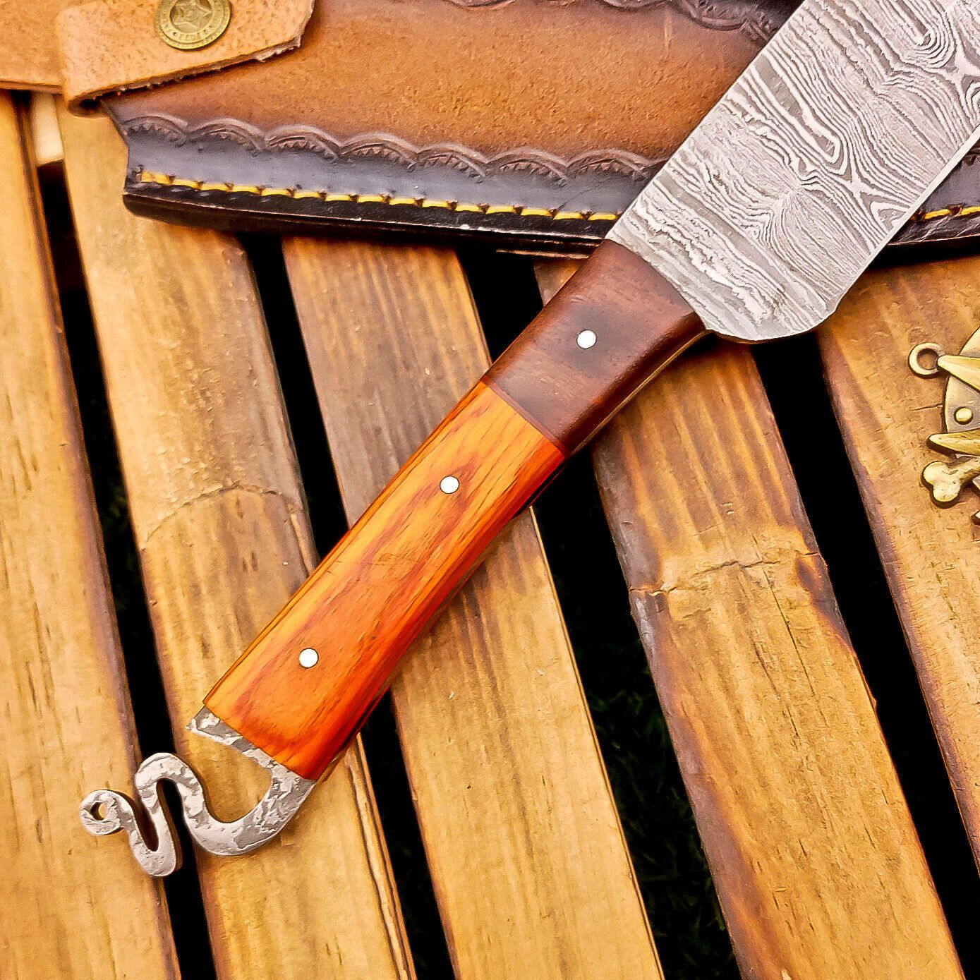 12 Inch Custom Handmade Damascus Steel Bowie Knife with Wood Handle and Brass Pins