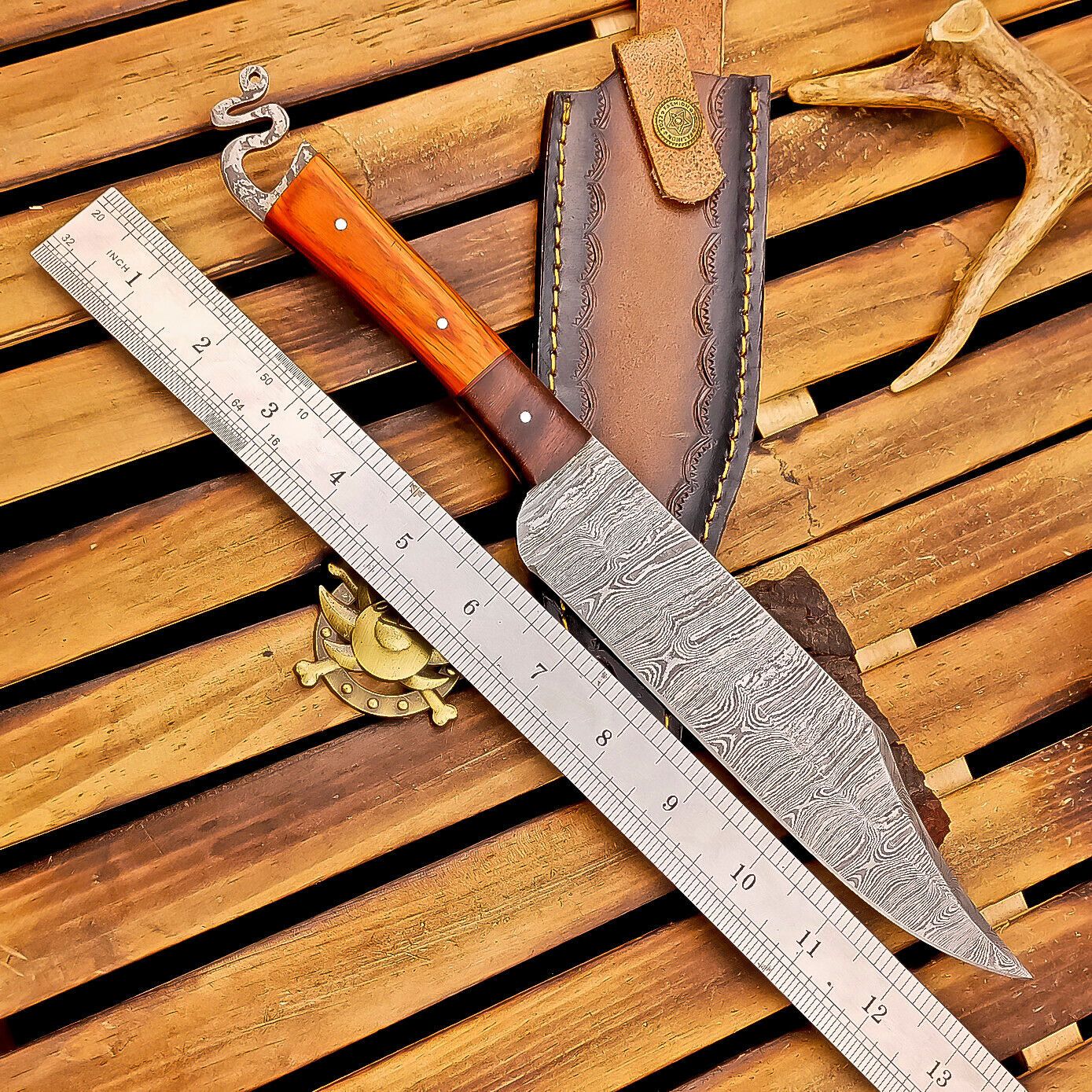 12 Inch Custom Handmade Damascus Steel Bowie Knife with Wood Handle and Brass Pins