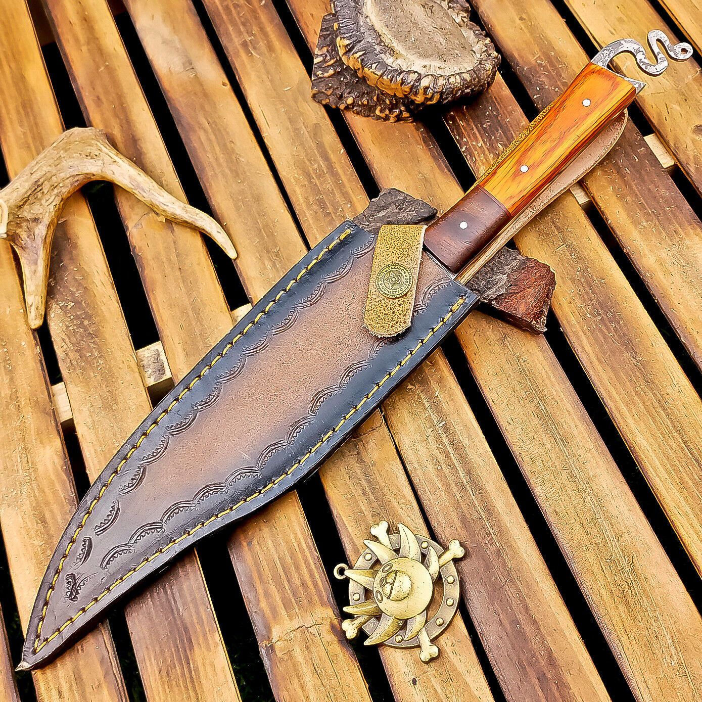 12 Inch Custom Handmade Damascus Steel Bowie Knife with Wood Handle and Brass Pins