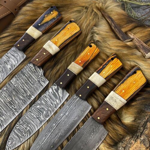 Custom Handmade Forged Damascus Kitchen Chef Knife Set of 5 with Sheath