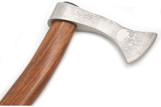 Warrior Battle Ready Viking Axe – 18" High Carbon Steel Tomahawk with Skull Engraving and Leather Sheath