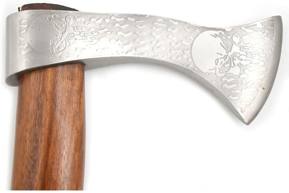 Warrior Battle Ready Viking Axe – 18" High Carbon Steel Tomahawk with Skull Engraving and Leather Sheath