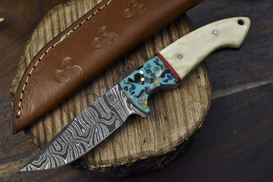 Twist Damascus Skinner Knife with Bone Handle and Micarta Bolster – Handmade Hunting and Hiking Blade
