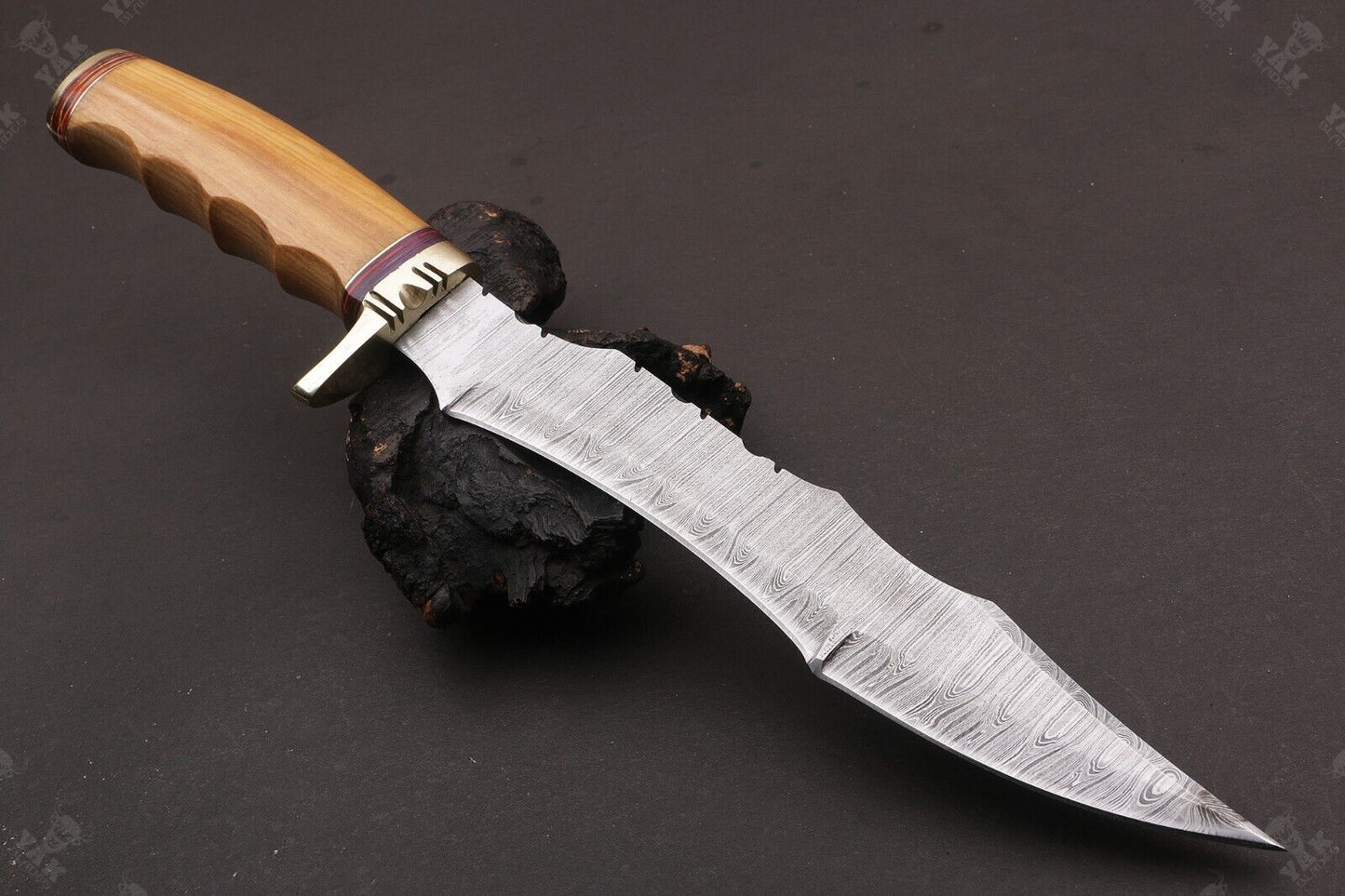 Heritage Forge 16 Inch Twist Damascus Bowie Knife with Camel Bone and Wood Handle for Hunting and Camping