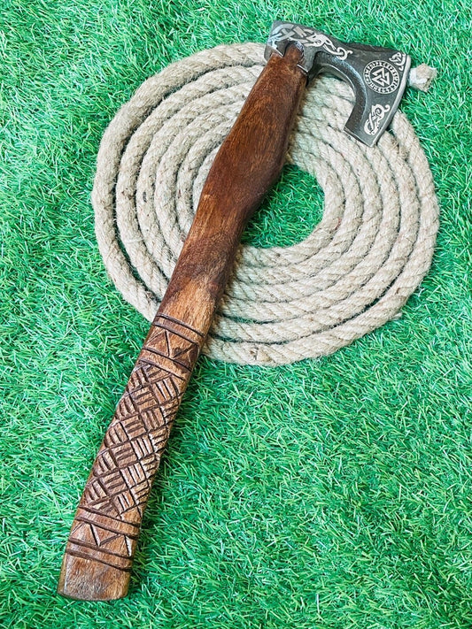 Forged Damascus Steel Viking Bearded Camping Tomahawk Hatchet Axe with Wood Handle and Leather Sheath