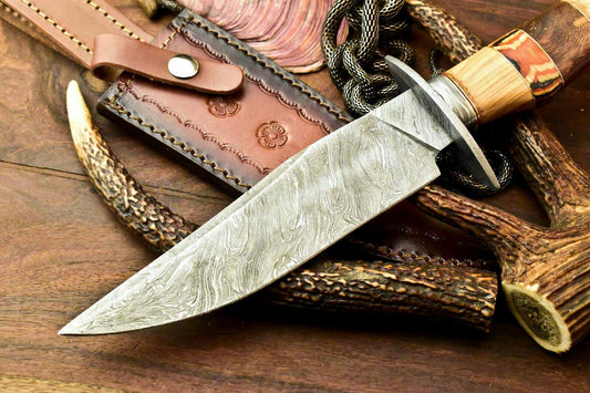 Rare Handmade Damascus Bowie Knife – Olive Wood Handle