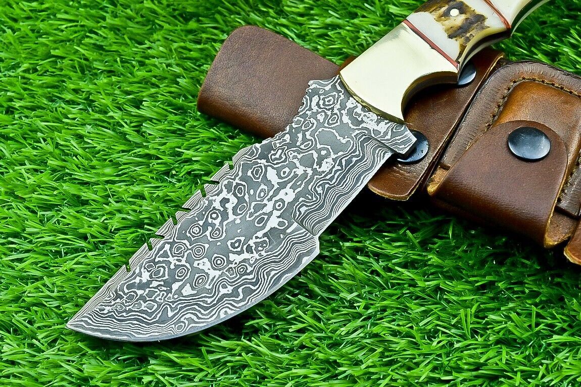 10 Inch Custom Damascus Steel Tracker Bowie Knife with Camel Bone Handle