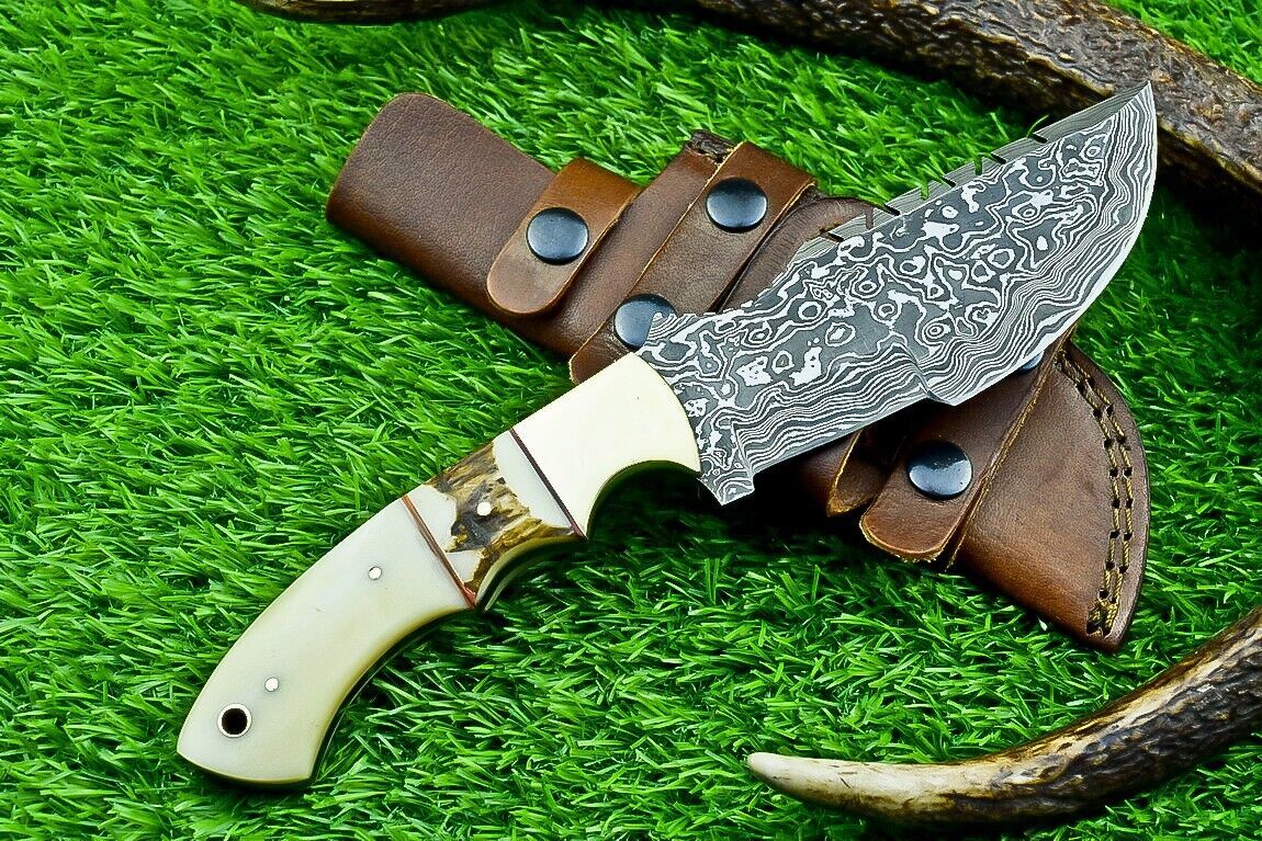 10 Inch Custom Damascus Steel Tracker Bowie Knife with Camel Bone Handle