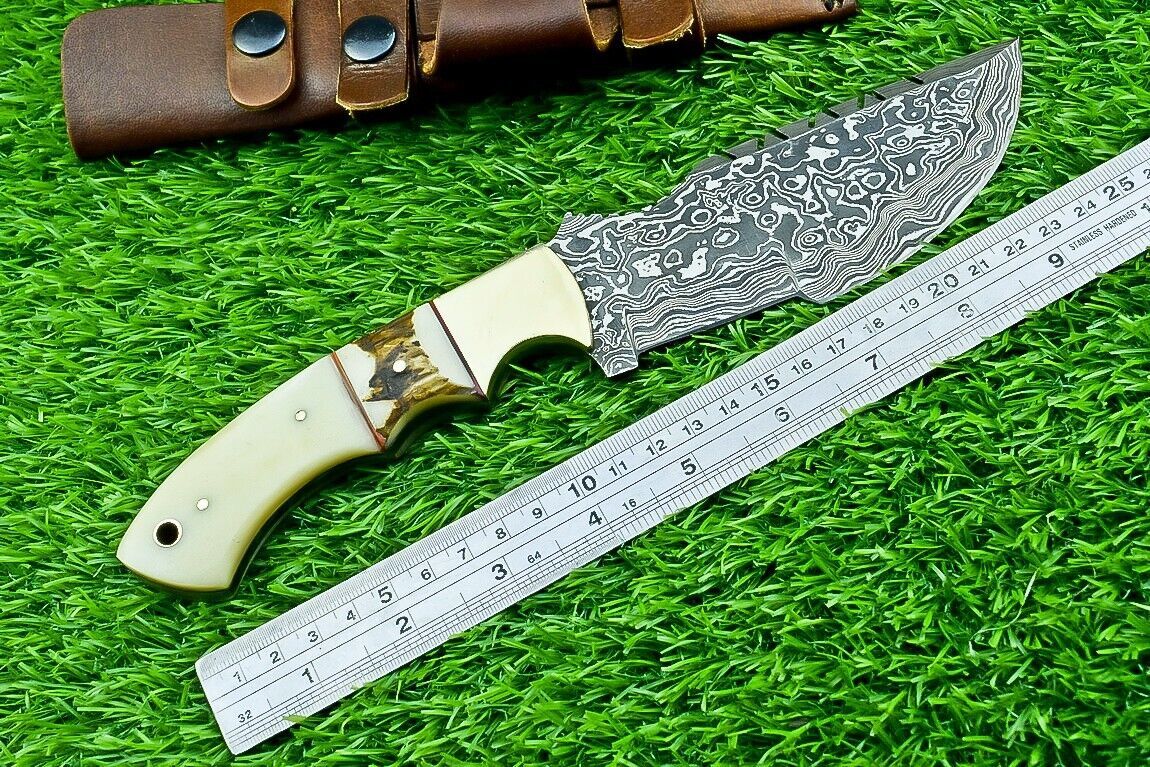 10 Inch Custom Damascus Steel Tracker Bowie Knife with Camel Bone Handle