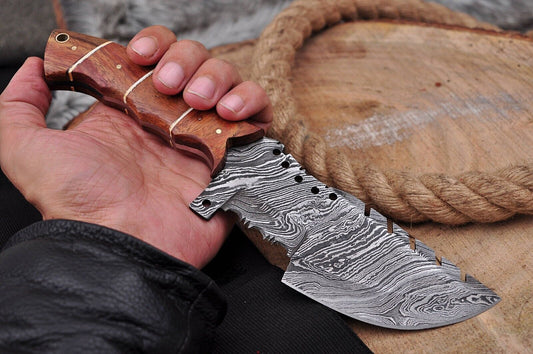 Custom Handmade Damascus Steel Hunting Tracker Knife – 10" Full Tang Bushcraft Outdoor Knife with Leather Sheath