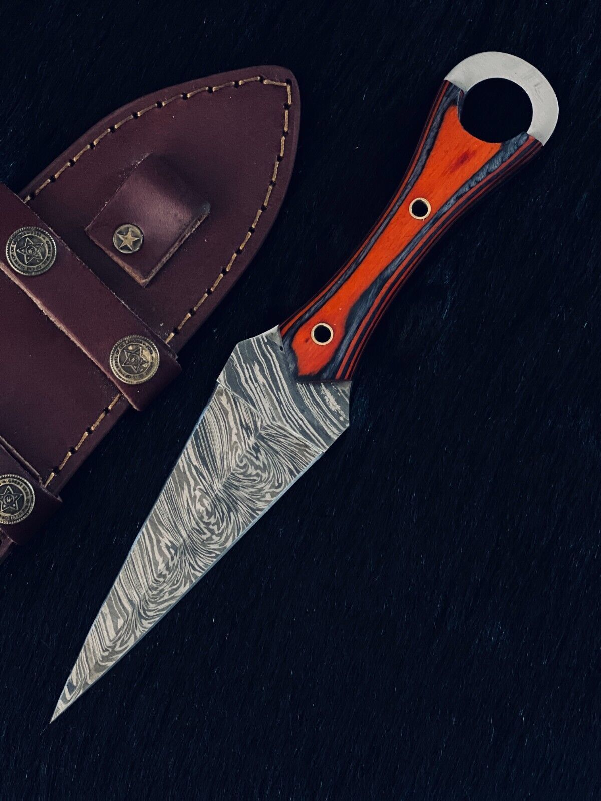 10" Fire Damascus Steel Dagger Bowie Knife – Wood Handle