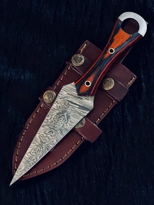 10" Fire Damascus Steel Dagger Bowie Knife – Wood Handle
