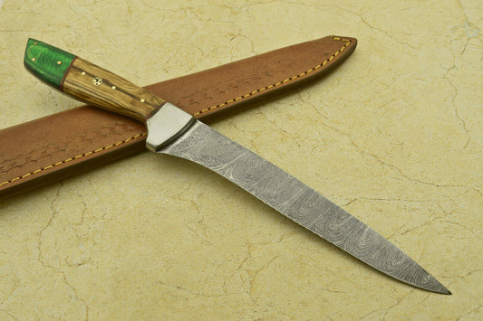 Custom Handmade Forged Damascus Steel Fillet Knife – 12" Overall, 7" Blade, Pakka Wood Handle with Steel Bolster
