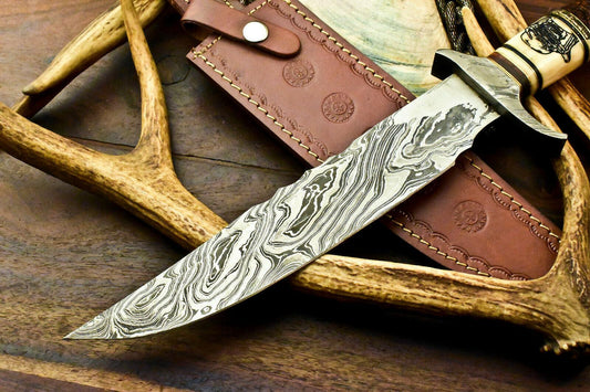 15.5" Custom Damascus Bowie Knife | Laser Etched Blade & Farms Camel Bone Handle