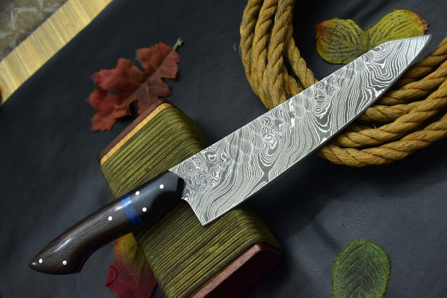 Custom Hammered Damascus Steel Chef Knife Handmade, Vengai Wood Handle, Ladder Pattern Blade