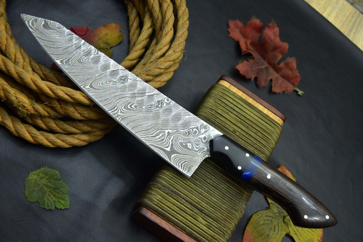 Custom Hammered Damascus Steel Chef Knife Handmade, Vengai Wood Handle, Ladder Pattern Blade