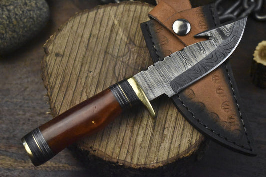 Hand Crafted Skinner Knife with Gut Hook Twist Damascus Corain Handle Gift