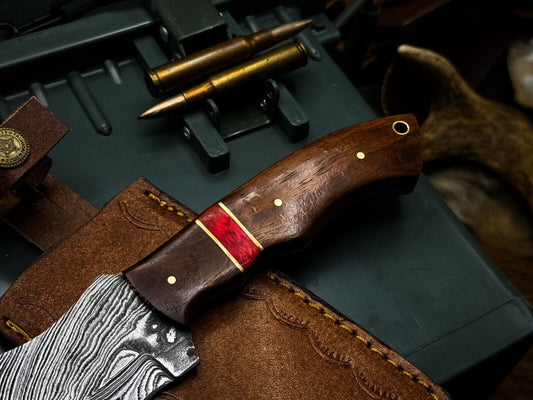 Handmade Damascus Steel Hunting Tracker EDC Knife – Wood Handle with Leather Sheath