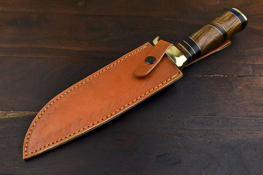 13.4" Handmade Damascus Steel Bowie Knife – Walnut Wood Handle Hunting & Throwing Knife